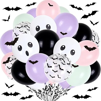 Cute Halloween Balloon Bouquet – 12 Inch Pastel, Ghost & Bat Print Balloons (6pc / 12pc)