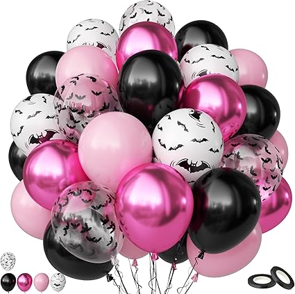 Pink Halloween Balloon Bouquet – 10 Inch Bat Confetti, Metallic & Pastel Balloons (6pc / 12pc)
