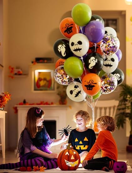 Halloween Party Balloon Bouquet – 12 Inch Spooky Latex & Confetti Balloons (6pc / 12pc)