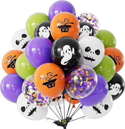 Halloween Party Balloon Bouquet – 12 Inch Spooky Latex & Confetti Balloons (6pc / 12pc)