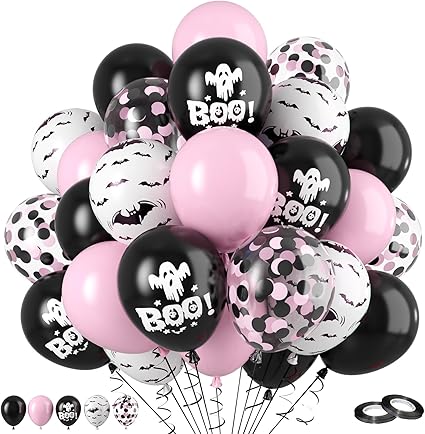 Pink & Black Halloween Balloon Bouquet – 12 Inch Printed & Confetti Balloons (6pc / 12pc)
