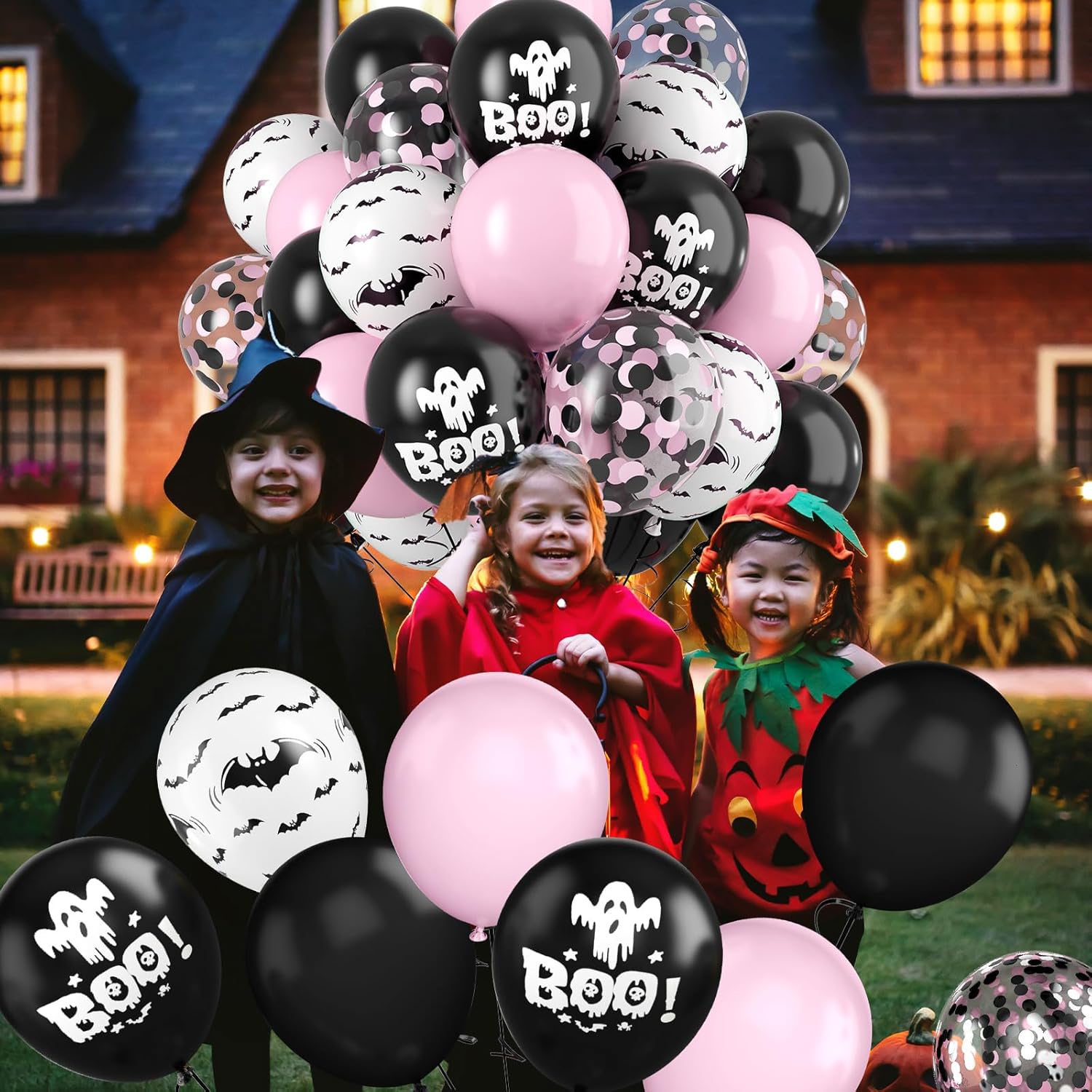 Pink & Black Halloween Balloon Bouquet – 12 Inch Printed & Confetti Balloons (6pc / 12pc)