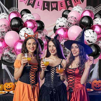 Pink Halloween Balloon Bouquet – 10 Inch Bat Confetti, Metallic & Pastel Balloons (6pc / 12pc)