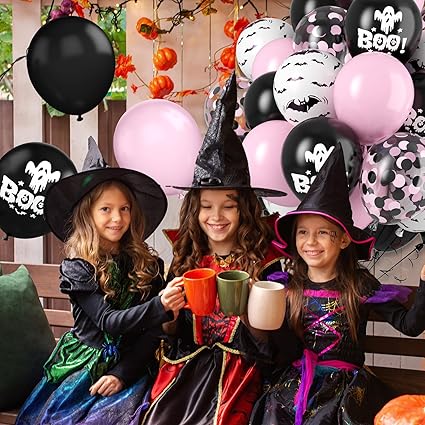 Pink & Black Halloween Balloon Bouquet – 12 Inch Printed & Confetti Balloons (6pc / 12pc)