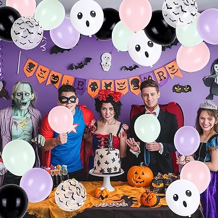 Cute Halloween Balloon Bouquet – 12 Inch Pastel, Ghost & Bat Print Balloons (6pc / 12pc)