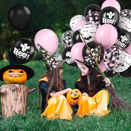 Pink & Black Halloween Balloon Bouquet – 12 Inch Printed & Confetti Balloons (6pc / 12pc)