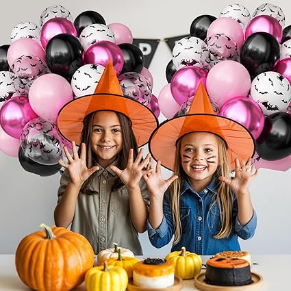 Pink Halloween Balloon Bouquet – 10 Inch Bat Confetti, Metallic & Pastel Balloons (6pc / 12pc)